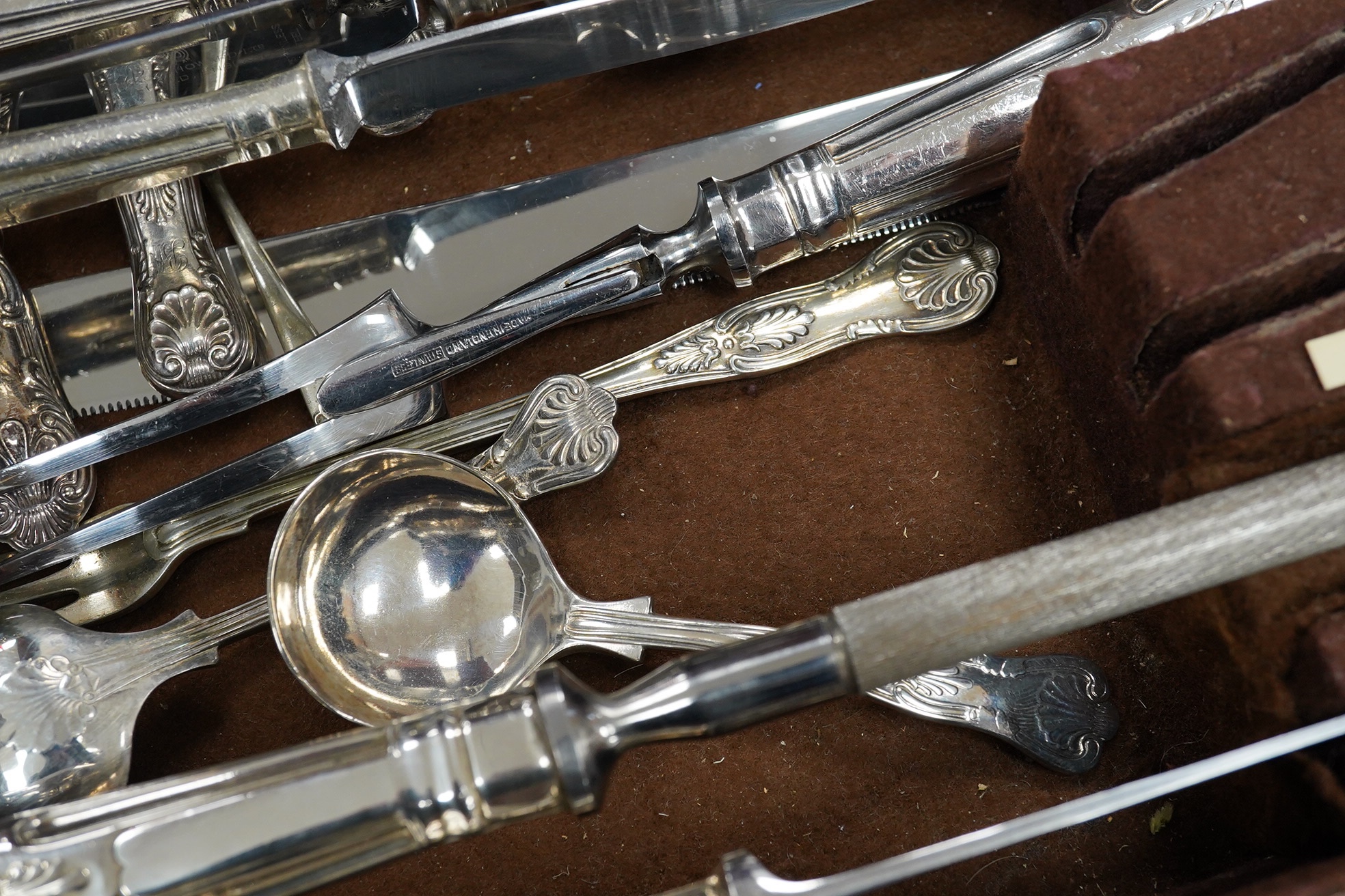 A mid 20th century comprehensive harlequin set of Kings pattern silver plated cutlery, mahogany cased, 90cm wide. Condition - fair to good